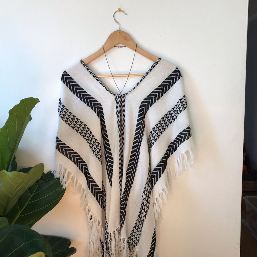 Boho black & white poncho, shawl, festival EXPRESS